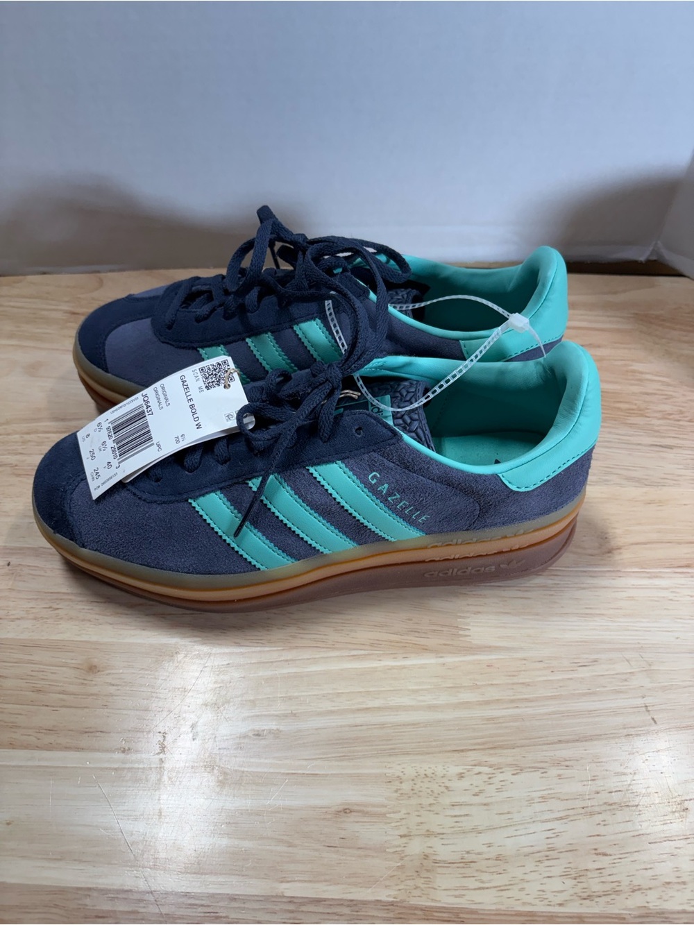 Women’s Adidas Gazelle Bold W Suede Sneakers in Navy with Mint Stripes